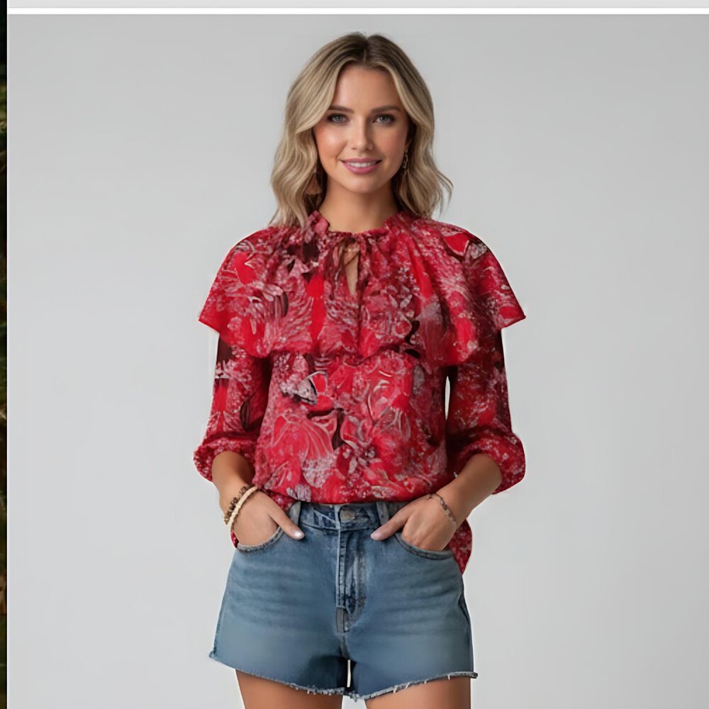 Paisley & Floral Print  Lace Up Front Ruffle Trim Blouse